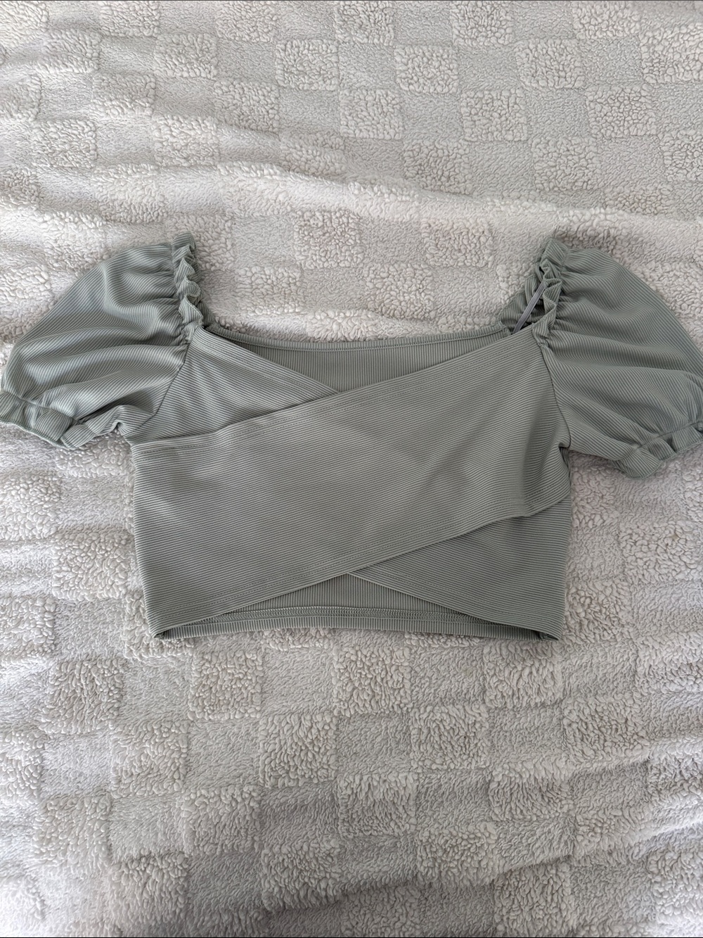 SHEIN Sage Green Ribbed Puff-Sleeve Cropped Wrap Top